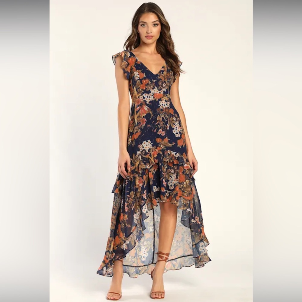 Lulu's Navy Floral High-Low Maxi Dress